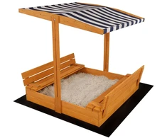 Vaikiška medinė uždaroma smėlio dėžė su suolais ir baldakimu Baby Mix 120x120 cm mėlynos ir baltos spalvų