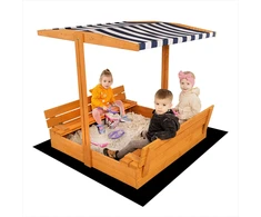 Vaikiška medinė uždaroma smėlio dėžė su suolais ir baldakimu Baby Mix 120x120 cm mėlynos ir baltos spalvų
