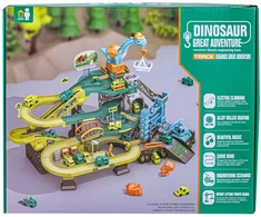Žaislinė automobilių trasa su dinozaurų tema ir garažu