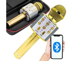 Ausinės Karaoke mikrofonas su garsiakalbiu, Bluetooth, 4 balso stiliai, apšvietimas, auksinis