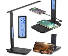 Stalinė LED lempa su ekranu, žadintuvu, termometru ir telefono stovu, juoda