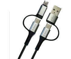 Rocket 1,8m pintas 4-viename USB-C + USB-A + micro USB 60W greito krovimo ir duomenų perdavimo kabelis