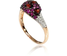 Diamond Sky Jewelry Raudono aukso 585 prabos žiedas su deimantais, rubinais ir granatais „Saulėta Simfonija II“