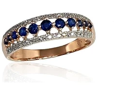 Diamond Sky Jewelry Raudono aukso 585 prabos žiedas su deimantais ir safyrais „Kamelija III“