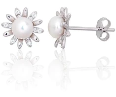 Diamond Sky Jewelry Sidabriniai auskarai su cirkoniais ir perlais „Daisy Light“
