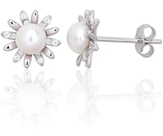 Diamond Sky Jewelry Sidabriniai auskarai su cirkoniais ir perlais „Daisy Light“