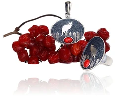 Diamond Sky Jewelry Sidabrinis žiedas su koralais „Midnight Cat“
