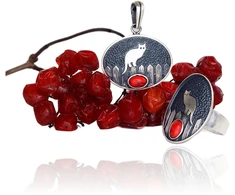 Diamond Sky Jewelry Sidabrinis žiedas su koralais „Midnight Cat“