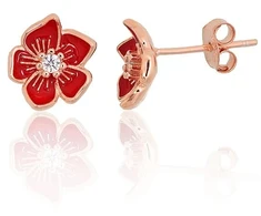 Diamond Sky Jewelry Vaikiški sidabriniai auskarai su cirkoniais ir emaliu „Scarlet Flower“
