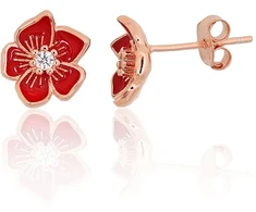 Diamond Sky Jewelry Vaikiški sidabriniai auskarai su cirkoniais ir emaliu „Scarlet Flower“