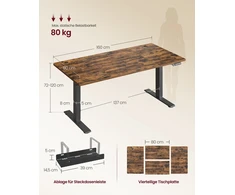 Songmics Reguliuojamo aukščio stalas 160 × 80 × (72–120) cm