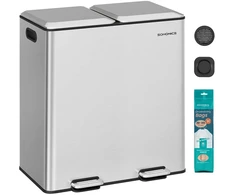 Songmics Nerūdijančio plieno šiukšliadėžė su dviem skyriais ir Softclose pedalu, 58,5x37x64 cm