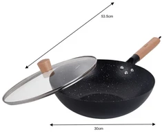 King Hoff Wok Keptuvė su dangčiu, 30 cm, anglinio plieno, marmurinė nelimpanti danga, medinė rankena, „Kinghoff“, kh-1984