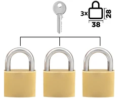 3 spynos komplekte (ta pati rakto kombinacija), vienodais raktais rakinamos spynos, 38 mm spynos