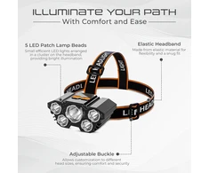 5 LED įkraunamas žibintai ant galvos, LED prožektorius ant galvos, galvos žibintas, galvos prožektorius