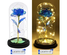 LED rožės gėlė, rožė stiklo kupole, dekoratyvinė mėlyna rožė su šviesele, LED rožė stiklo gaubte, mėlyna rožė kupole, šviečianti rožė po gaubtu