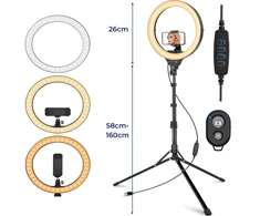 LED žiedinė lempa su trikoju stovu, 192 cm telefono laikiklio žiedinė lempa, žiedas lempa, LED žiedas su stovu, LED žiedinė šviesa su laikikliu, telefono žiedinė lempa