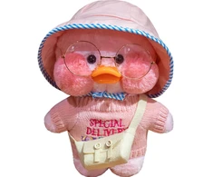 Minkštas pliušinis Lalafanfan antinas su rožine skrybėlaite, 32 cm, pliušinis Lalafanfan žaislas, Lalafanfan žaislinis antinas, minkštas Lalafanfan žaislas