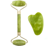 Nefrito veido masažuoklis – AŠTRUS volelis ir lygi plokštelė, Gua Sha rinkinys, veido volelis iš nefrito, nefrito volelĭs veidui, Gua Sha plokštelė, nefrito plokštelė veidui