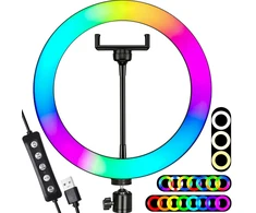 RGB žiedinė lempa 26 cm su telefono laikikliu, LED žiedas, žiedinė RGB lempa, žiedinė LED lempa, telefono laikiklio žiedinė lempa