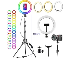 RGB žiedinė lempa su trikoju stovu, 192 cm telefono laikiklio žiedinė lempa, žiedinė šviesa, žiedinis apšvietimas, žiedinė lempa telefonui