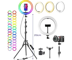 RGB žiedinė lempa su trikoju stovu, 242 cm telefono laikiklio žiedinė lempa, žiedinis šviestuvas, žiedinė šviesa su stovu, žiedinė lempa telefonui