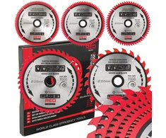 Red Technic Karbido antgaliais dengtų pjūklo diskų rinkinys, 255 mm medienos pjovimo diskai, 5 vnt. diskinėms, kampinėms, stalinėms pjovimo staklėms, ATB danties geometrija