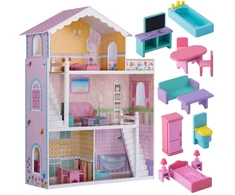 Ricokids Didelis trijų aukštų medinis lėlių namelis + baldai + terasa