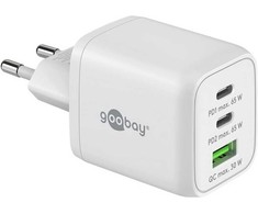 „Įkroviklis Goobay goobay“ USB-C greitasis įkroviklis Nano, PD, GaN, 65 vatai (baltas, 1x USB-A, 2x USB-C PD, Charge 3.0)