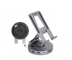 Delock HUB USB planšetinių kompiuterių ir nešiojamųjų kompiuterių prijungimo stotelė 4K su integruotu laikikliu - HDMI / USB / Hub / SD / Micro SD / PD 3.0 - 360 laipsnių pasukamas