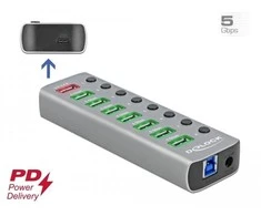 Delock USB 3.2 Gen 1 šakotuvas su 7 prievadais + 1 greito įkrovimo prievadu + 1 USB-C™ PD 3.0 prievadu