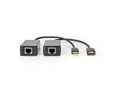 Nedis USB ilgintuvas | USB1.1 | 1x RJ45 moteriška | 1x USB-A lizdas | 1x USB-A kištukas | 1x RJ45 moteriška | 50 metrų | 12Mbps | paauksuotas | apvalus | PVC | juodas