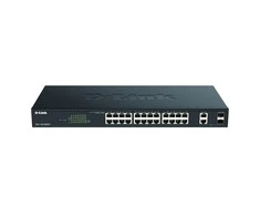 Šakotuvas D-LINK EasySmart 24 jungtys PoE/PoE+ Gigabit &amp; 2 Jungtys Combo / SFP biudžetas 370 vatų stelažinis jungiklis ONVIF