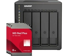 Serveris QNAP TS-453E-8G 32TB WD Raudona Plus NAS-Bundle NAS inkl. 4x 8TB WD Raudona Plus 3.5 col. SATA HDD