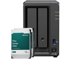 Serveris „Synology DS725+ 24TB Plus HDD NAS“ rinkinys, įskaitant 2 x 12 TB „Synology Plus“ 3,5 colio SATA kietuosius diskus