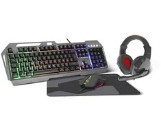 „Speedlink LUNERA 4-in-1“ žaidimų rinkinys su apšvietimu: pelė, klaviatūra, kilimėlis ir ausinės, juodos spalvos