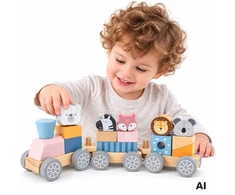 Viga Toys Medinis traukinukas Viga, su blokeliais