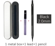 0.3 0.5 0.7 2.0 mm automatiniai pieštukai meniniam piešimui žemas svorio centras suspaudimo spyruoklė metalinis mechaninis pieštukas su dovanų dėžute (1 juoda 2.0 dovanų dėžutė)