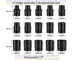 1/2 colio smūginių galvučių rinkinys, 15 dalių, metrinis 8-22 mm, 6 briaunų Cr-v plieno lydinys, skirtas automobilių remontui, lengvai įskaitomi matmenų žymėjimai, tvirta konstrukcija, laikymo dėklas