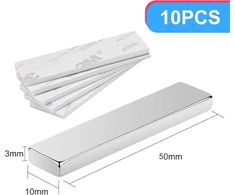 10 neodimio magnetų rinkinys, retųjų žemių magnetai su lipnia danga, 50 x 10 x 3 mm, apvalūs ir ypač stiprūs n52 magnetai skirti lentai, šaldytuvui, nuotraukoms, magnetinėms juostelėms, magnetinei lentai, nuotraukų virvei