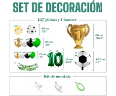10-ojo gimtadienio dekoracijos futbolo gerbėjams, 10 metų balionai futbolo tema, 10 metų dekoracija, 10-ojo gimtadienio balionai su auksiniu trofėjumi ir "happy Birthday" baneriu