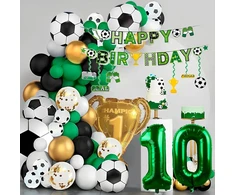 10-ojo gimtadienio dekoracijos futbolo gerbėjams, 10 metų balionai futbolo tema, 10 metų dekoracija, 10-ojo gimtadienio balionai su auksiniu trofėjumi ir "happy Birthday" baneriu