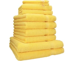 Rankšluostis 10 rankšluosčių rinkinys Betz Premium Quality, 470 g/m², saulės geltonumo: du vonios rankšluosčiai 70 x 140 cm / keturi rankšluosčiai 50 x 100 cm / du rankšluosčiai svečiams 30 x 50 cm / dvi prausimosi pirštinės 17 x 22 cm