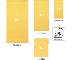Rankšluostis 10 rankšluosčių rinkinys Betz Premium Quality, 470 g/m², saulės geltonumo: du vonios rankšluosčiai 70 x 140 cm / keturi rankšluosčiai 50 x 100 cm / du rankšluosčiai svečiams 30 x 50 cm / dvi prausimosi pirštinės 17 x 22 cm
