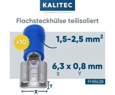 10 vnt. kalitec fhb638 plokštelinės jungtys mėlynos 6,3 x 0,8 kabelio jungtis i 1,5–2,5 mm² jungtis i iš dalies izoliuota i žalvaris i pvc mova i automobiliams ir pramonei