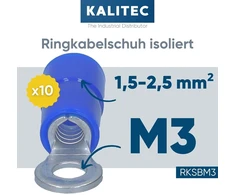10 vnt. Kalitec Rksbm3 žiedinių kabelių antgalių rinkinys 1.5 - 2.5 mm² I iš dalies izoliuoti M3 mėlyni I variniai I Pvc apykaklė I skirti kabeliams ar laidams jungti I kabelių antgalis I kabelių jungtis I apsaugo elektros instaliaciją