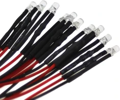 10 x 3 mm led, 12 voltų, šiltai balta (3000 k); su 20 cm jungiamuoju kabeliu ir integruotu nuolydžio rezistoriumi