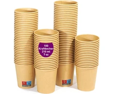 100 vienkartinių kraft popierinių puodelių 210 ml / 7 oz, tvirti, nepralaidūs, idealūs kavai, arbatai ir gaiviesiems gėrimams, bekvapiai kraft puodeliai