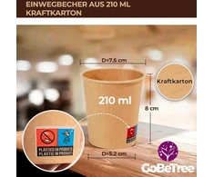 100 vienkartinių kraft popierinių puodelių 210 ml / 7 oz, tvirti, nepralaidūs, idealūs kavai, arbatai ir gaiviesiems gėrimams, bekvapiai kraft puodeliai