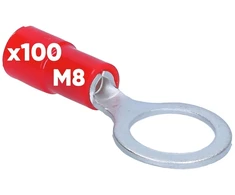 100 vnt. Kalitec Rksrm8 žiedinių kabelių antgalių rinkinys 0,5-1 mm² I iš dalies izoliuoti M8 raudoni I variniai I Pvc mova I skirti kabeliams ar laidams jungti I kabelio antgalis I kabelio jungtis I apsaugo elektros instaliaciją